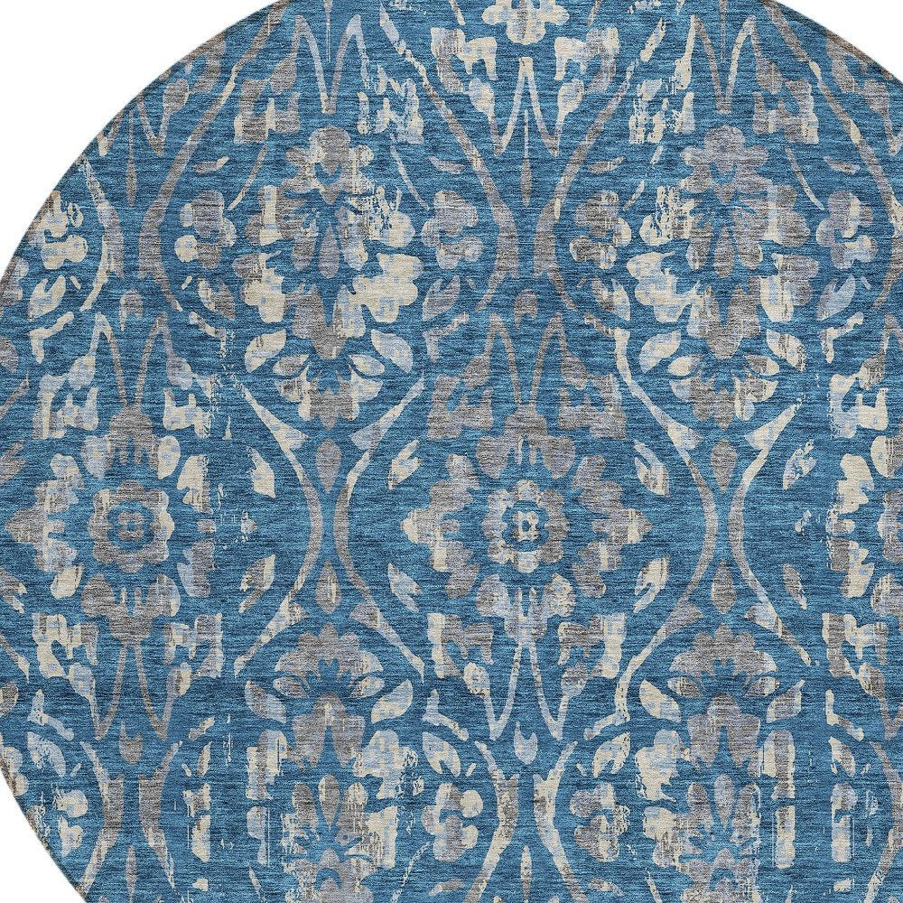 3' X 5' Blue And Ivory Floral Washable Indoor Outdoor Area Rug