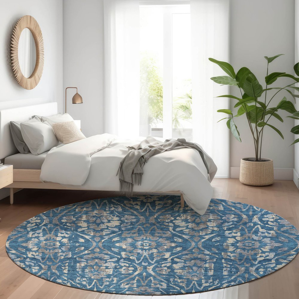 3' X 5' Blue And Ivory Floral Washable Indoor Outdoor Area Rug