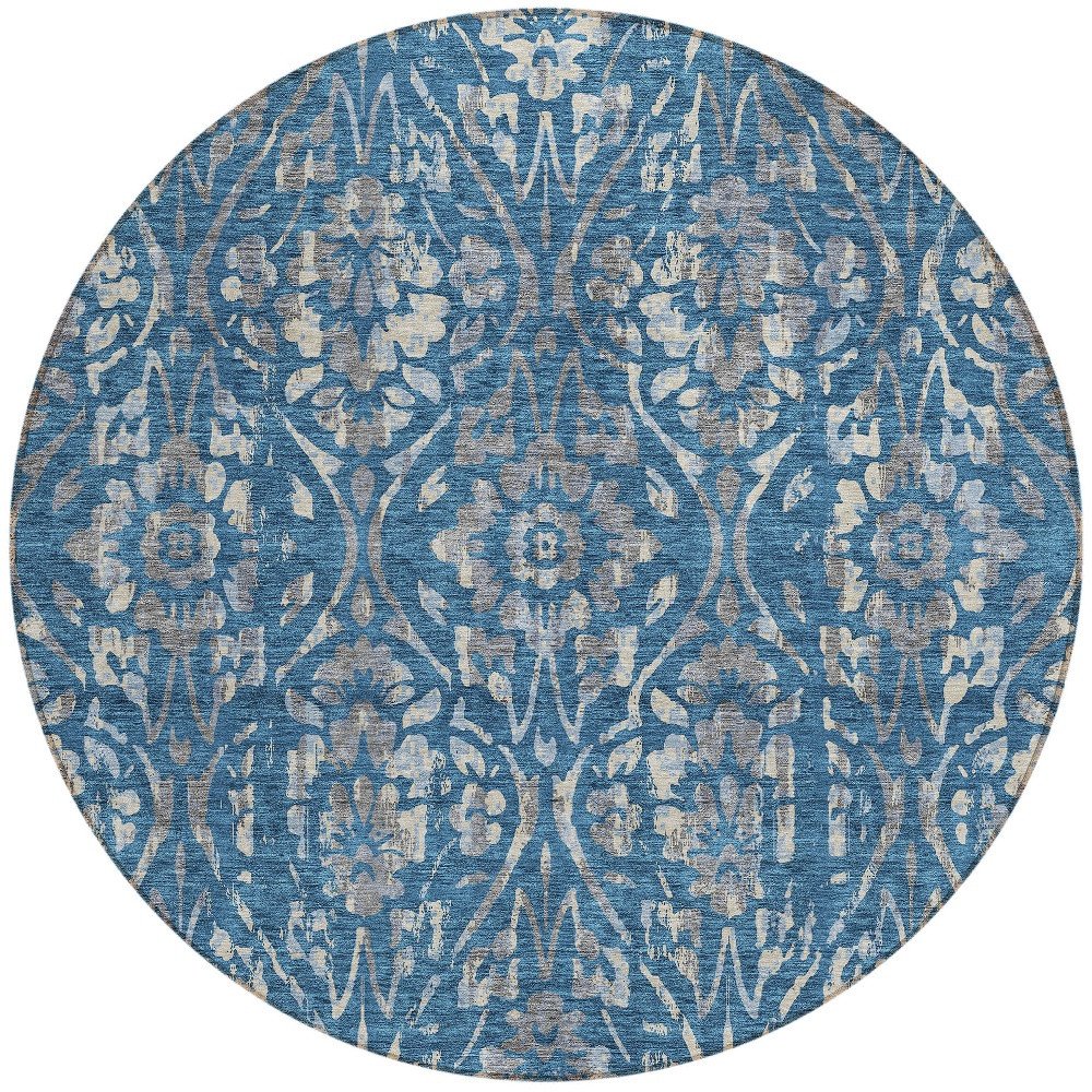 3' X 5' Blue And Ivory Floral Washable Indoor Outdoor Area Rug