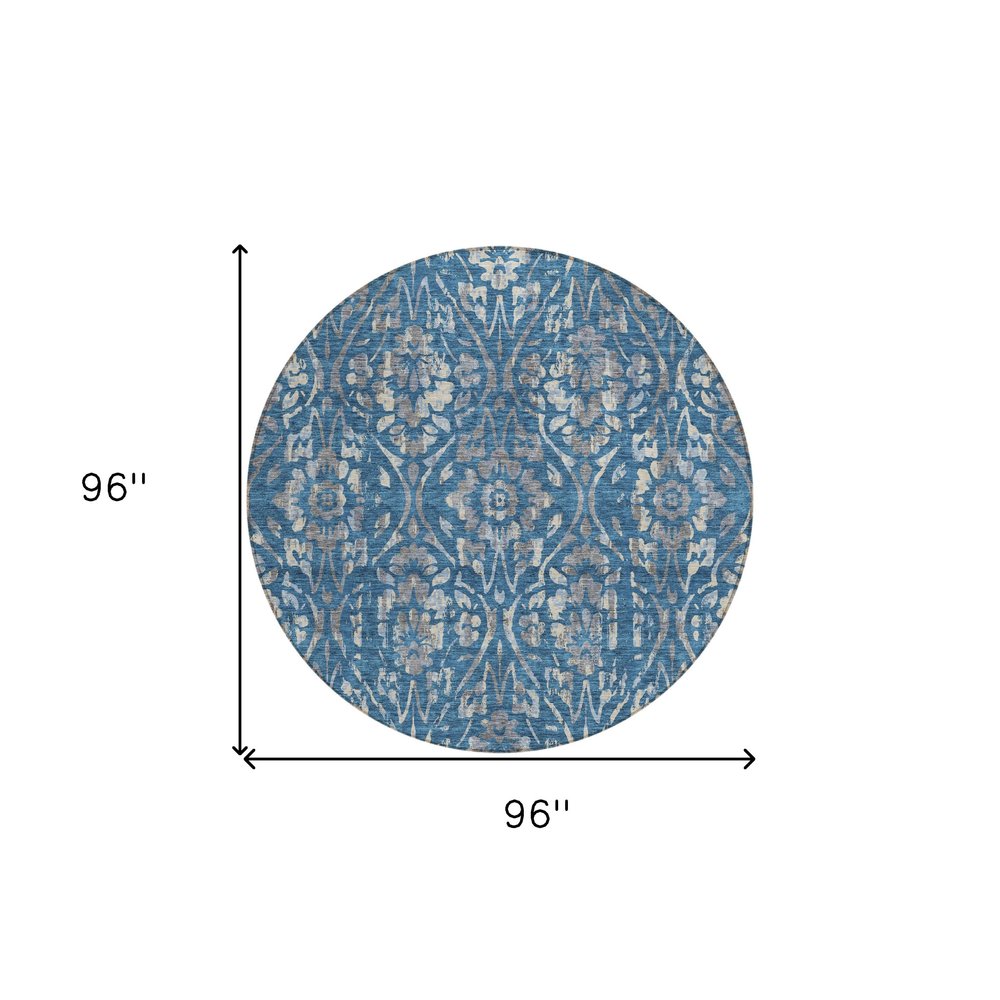 3' X 5' Blue And Ivory Floral Washable Indoor Outdoor Area Rug