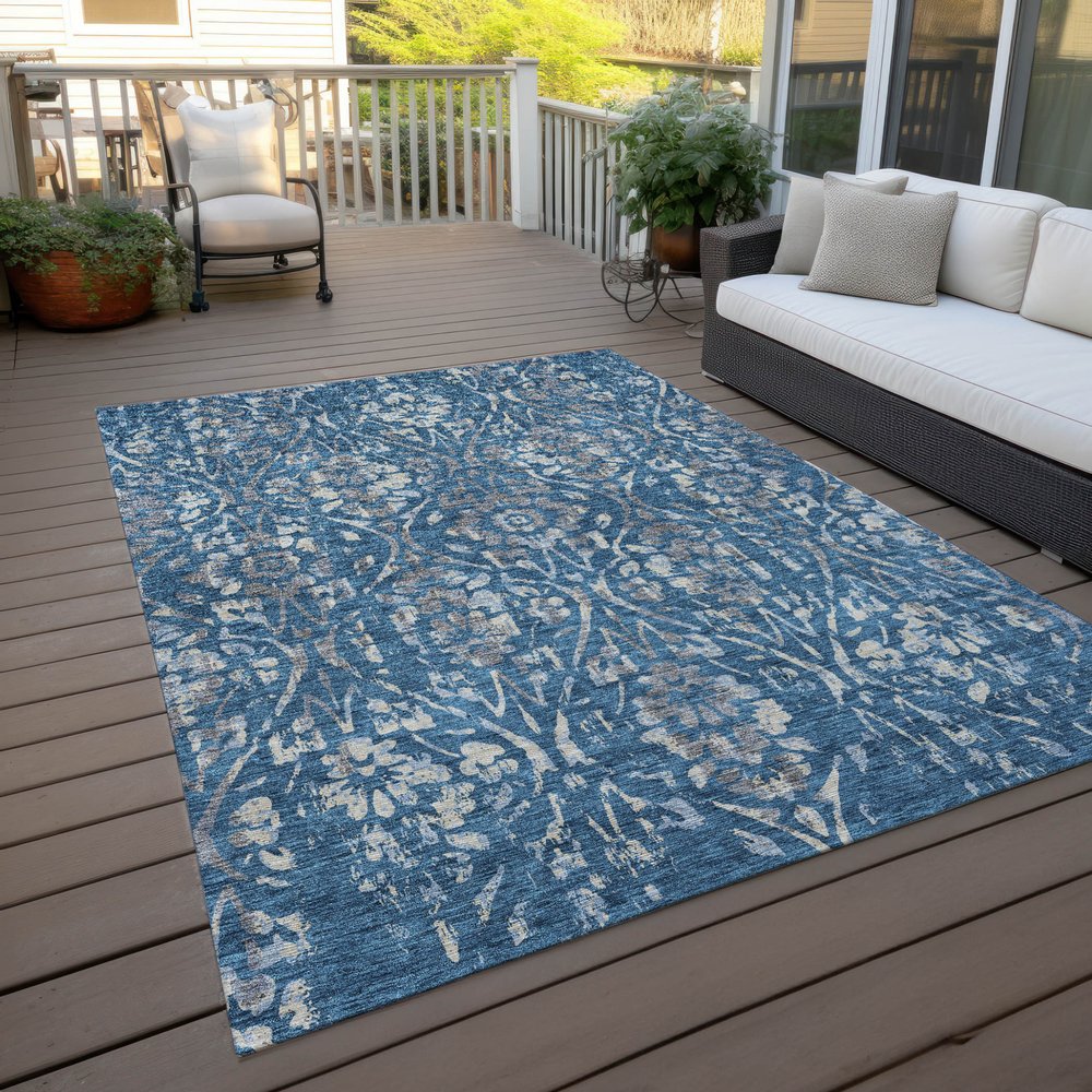 3' X 5' Blue And Ivory Floral Washable Indoor Outdoor Area Rug