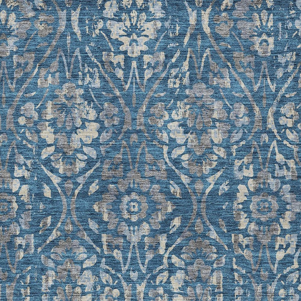 3' X 5' Blue And Ivory Floral Washable Indoor Outdoor Area Rug