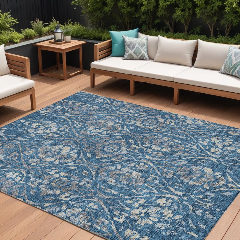 3' X 5' Blue And Ivory Floral Washable Indoor Outdoor Area Rug