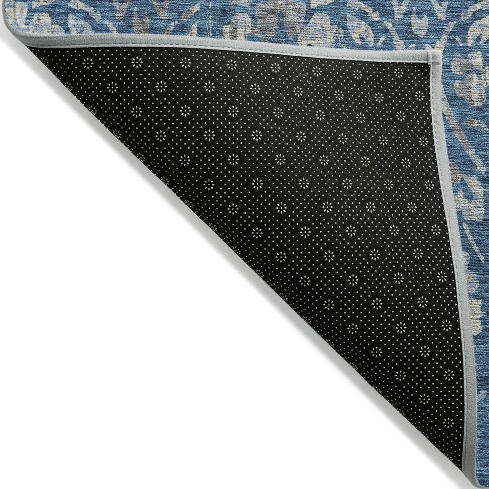 3' X 5' Blue And Ivory Floral Washable Indoor Outdoor Area Rug