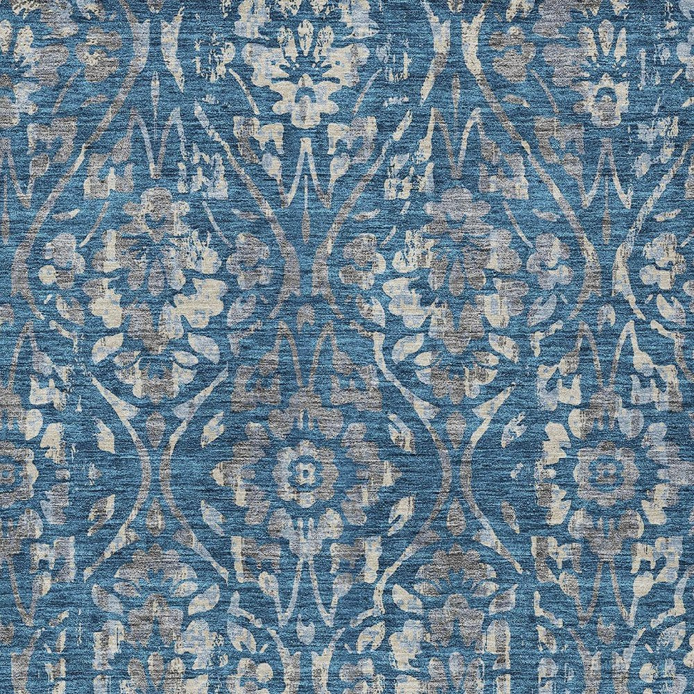 3' X 5' Blue And Ivory Floral Washable Indoor Outdoor Area Rug