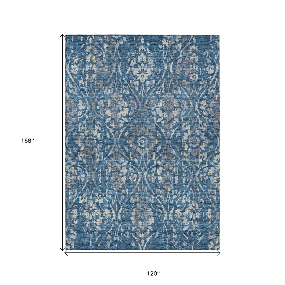 3' X 5' Blue And Ivory Floral Washable Indoor Outdoor Area Rug