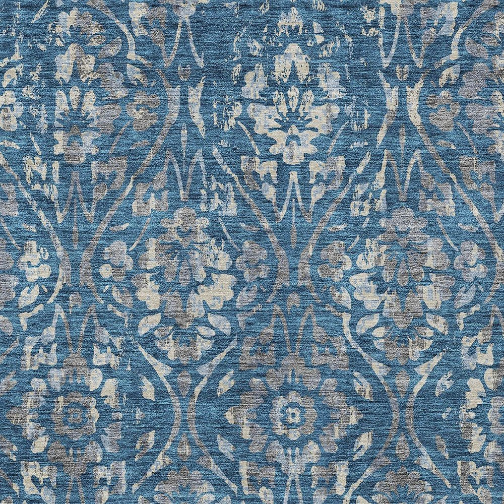 3' X 5' Blue And Ivory Floral Washable Indoor Outdoor Area Rug