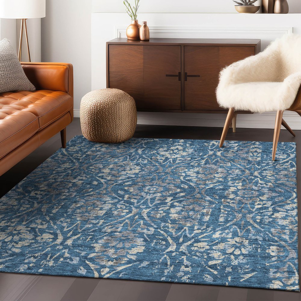 3' X 5' Blue And Ivory Floral Washable Indoor Outdoor Area Rug