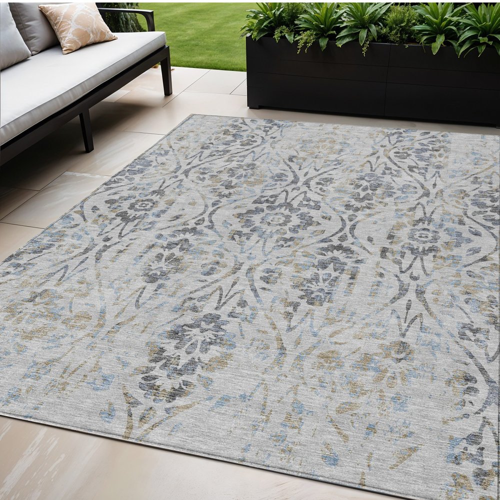 3' X 5' Gray Black And Green Floral Washable Indoor Outdoor Area Rug