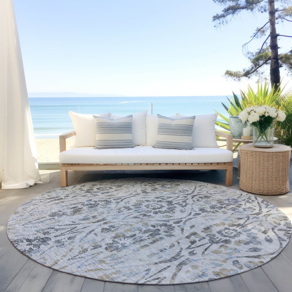 3' X 5' Gray Black And Green Floral Washable Indoor Outdoor Area Rug