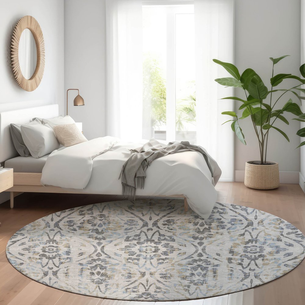 3' X 5' Gray Black And Green Floral Washable Indoor Outdoor Area Rug