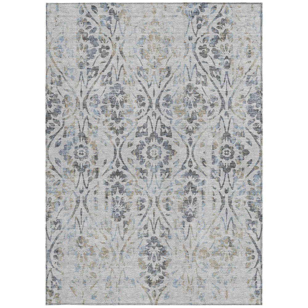 8' X 10' Gray Black And Green Floral Washable Indoor Outdoor Area Rug