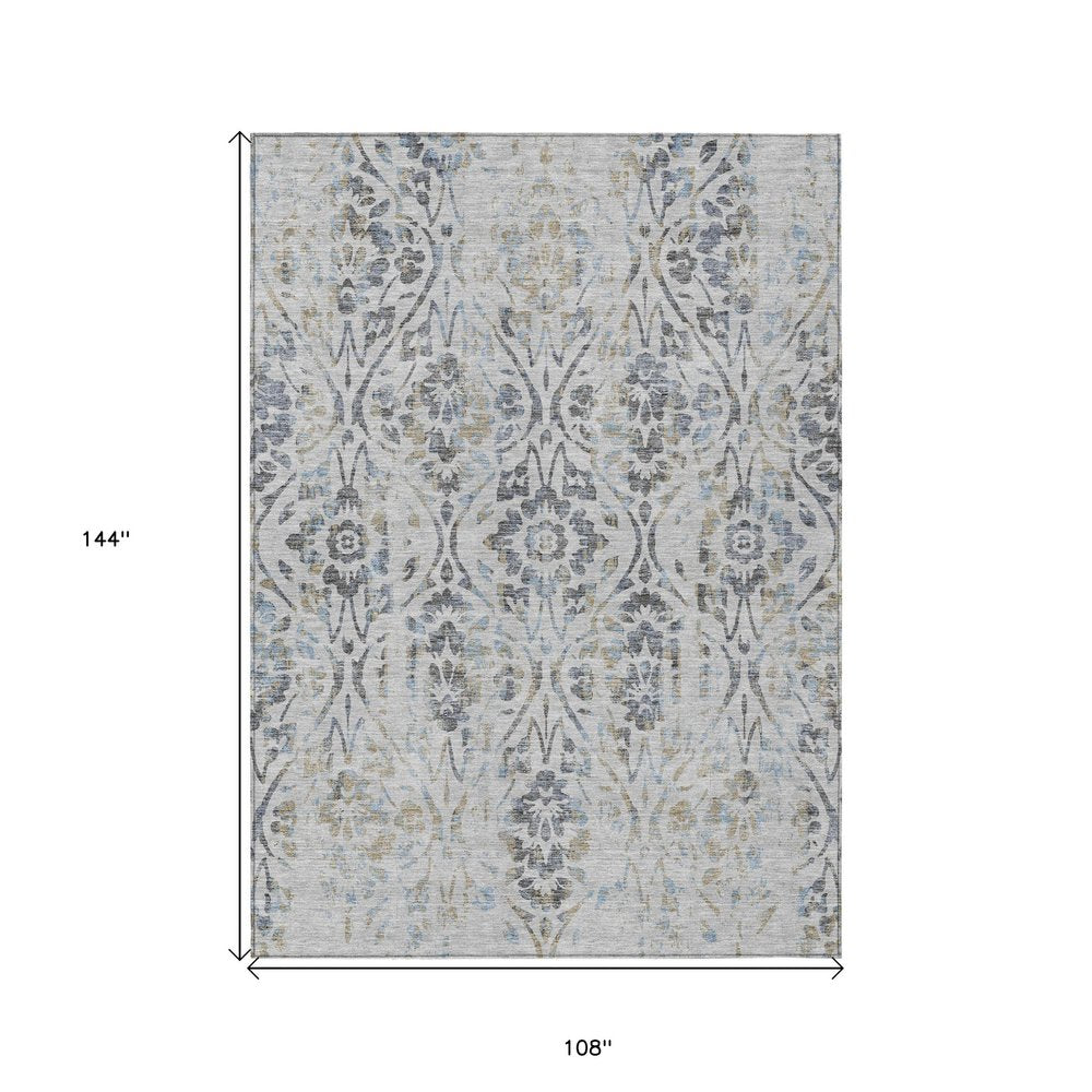 8' X 10' Gray Black And Green Floral Washable Indoor Outdoor Area Rug