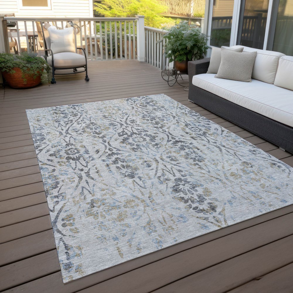 8' X 10' Gray Black And Green Floral Washable Indoor Outdoor Area Rug