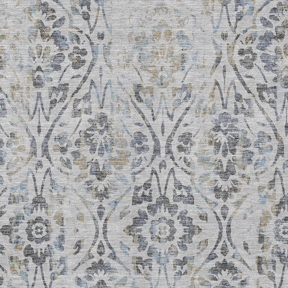 8' X 10' Gray Black And Green Floral Washable Indoor Outdoor Area Rug
