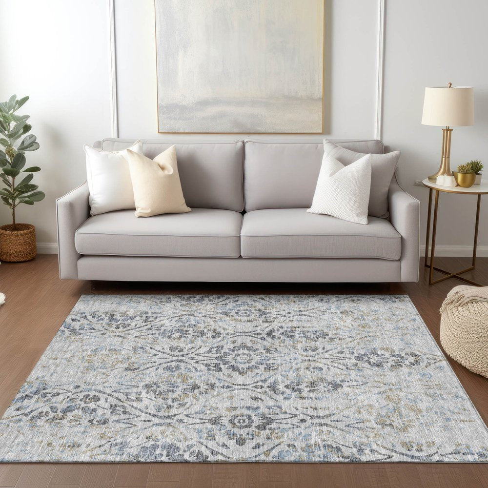8' X 10' Gray Black And Green Floral Washable Indoor Outdoor Area Rug