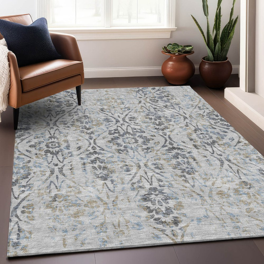 8' X 10' Gray Black And Green Floral Washable Indoor Outdoor Area Rug