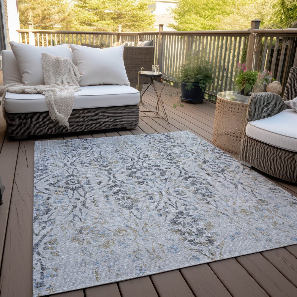 8' X 10' Gray Black And Green Floral Washable Indoor Outdoor Area Rug