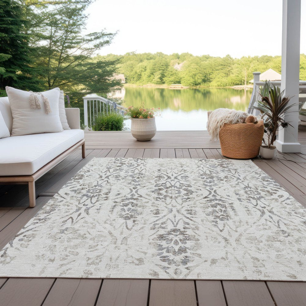 3' X 5' Ivory And Brown Floral Washable Indoor Outdoor Area Rug