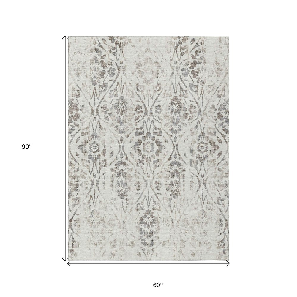 3' X 5' Ivory And Brown Floral Washable Indoor Outdoor Area Rug