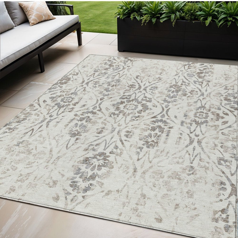 3' X 5' Ivory And Brown Floral Washable Indoor Outdoor Area Rug