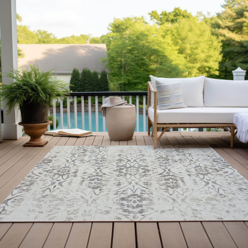 3' X 5' Ivory And Brown Floral Washable Indoor Outdoor Area Rug