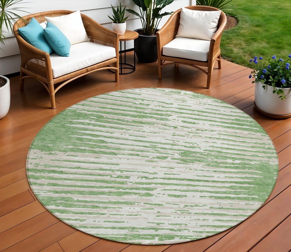 5' X 8' Green And Ivory Striped Washable Indoor Outdoor Area Rug