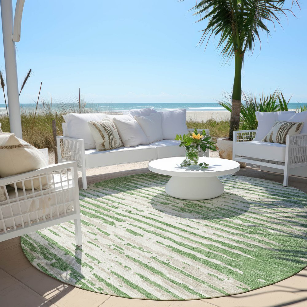 5' X 8' Green And Ivory Striped Washable Indoor Outdoor Area Rug
