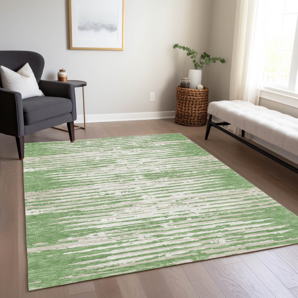 5' X 8' Green And Ivory Striped Washable Indoor Outdoor Area Rug