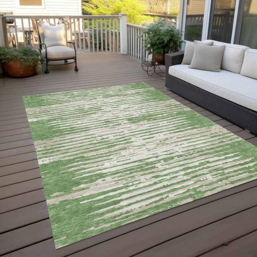 5' X 8' Green And Ivory Striped Washable Indoor Outdoor Area Rug