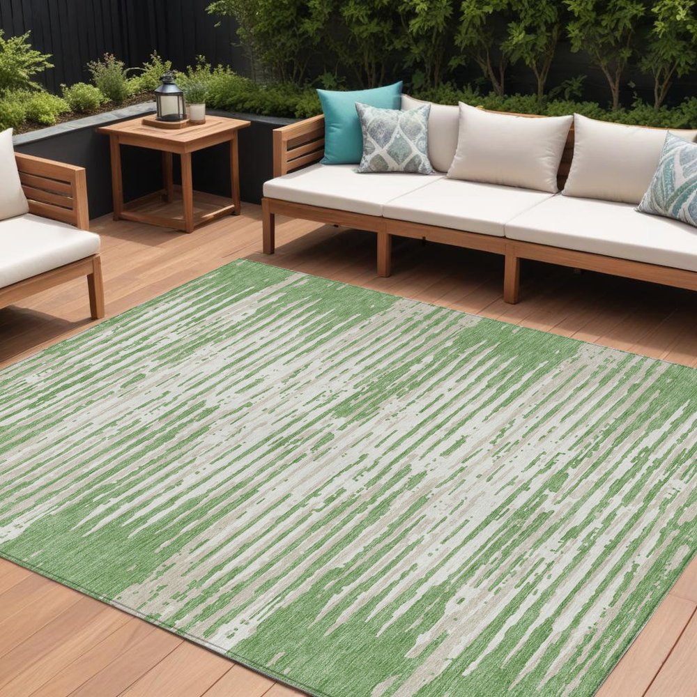 5' X 8' Green And Ivory Striped Washable Indoor Outdoor Area Rug