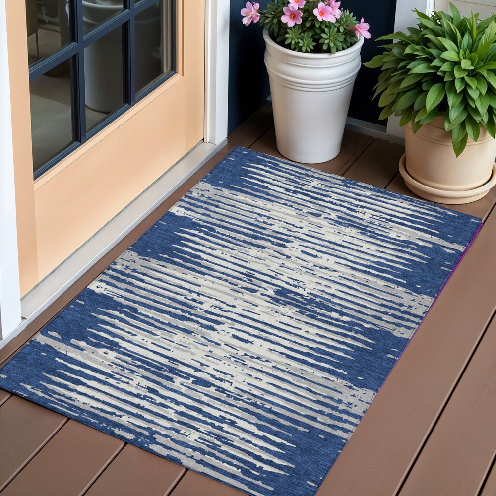 3' X 5' Navy Blue And Ivory Striped Washable Indoor Outdoor Area Rug