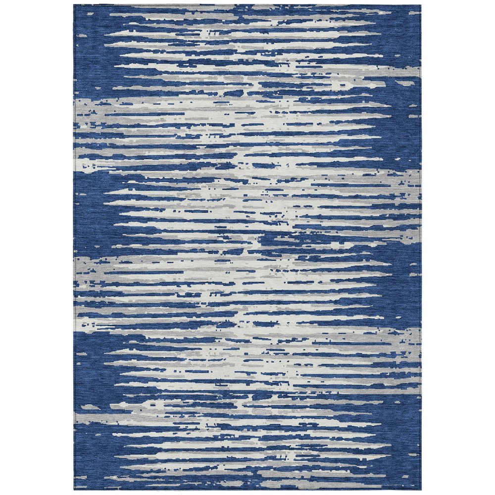 3' X 5' Navy Blue And Ivory Striped Washable Indoor Outdoor Area Rug
