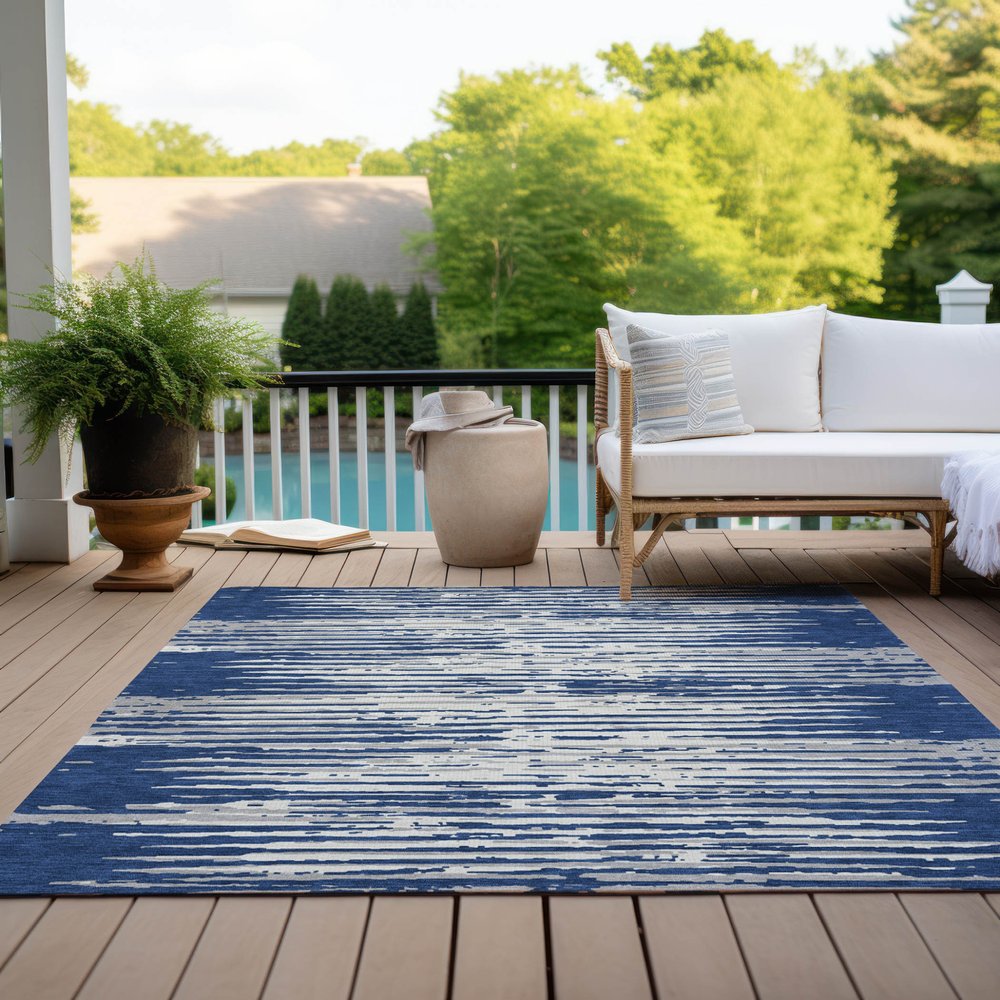3' X 5' Navy Blue And Ivory Striped Washable Indoor Outdoor Area Rug