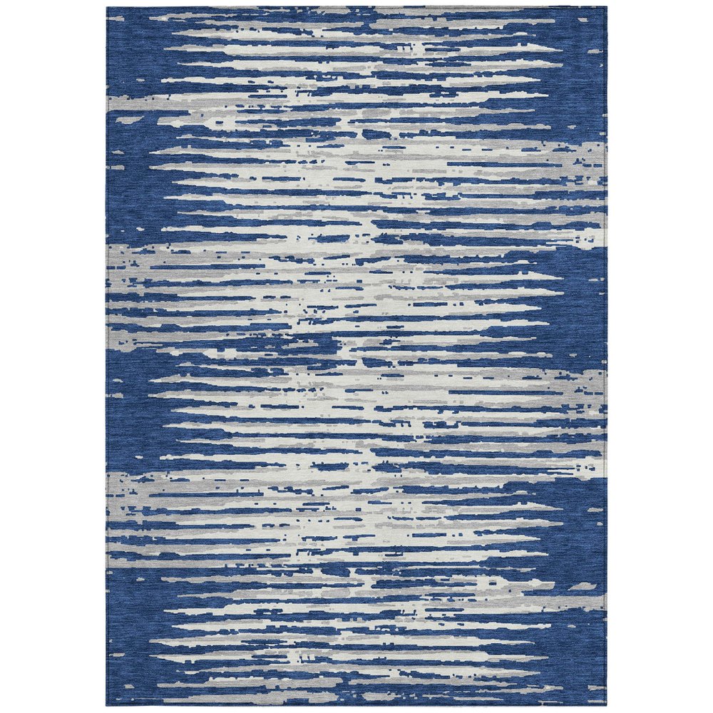 3' X 5' Navy Blue And Ivory Striped Washable Indoor Outdoor Area Rug
