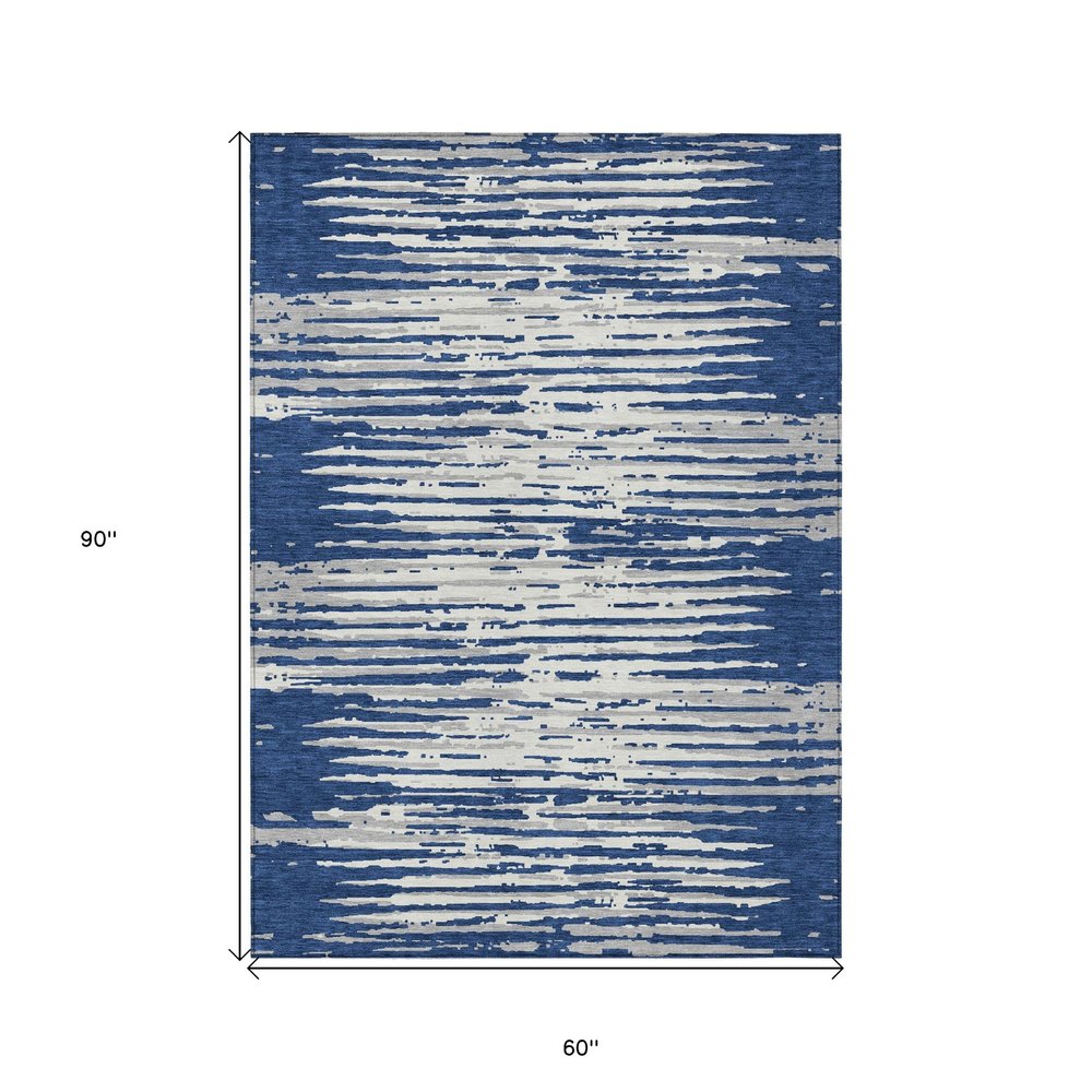 3' X 5' Navy Blue And Ivory Striped Washable Indoor Outdoor Area Rug
