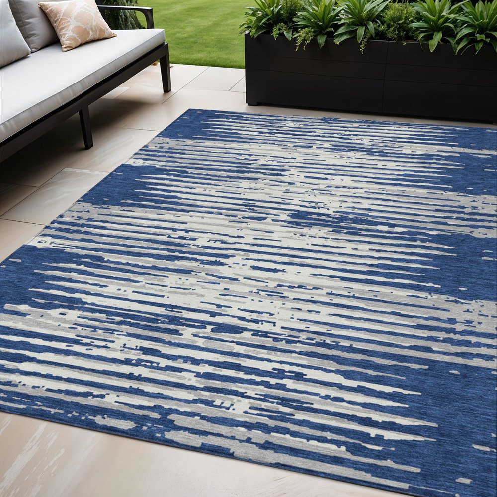 3' X 5' Navy Blue And Ivory Striped Washable Indoor Outdoor Area Rug