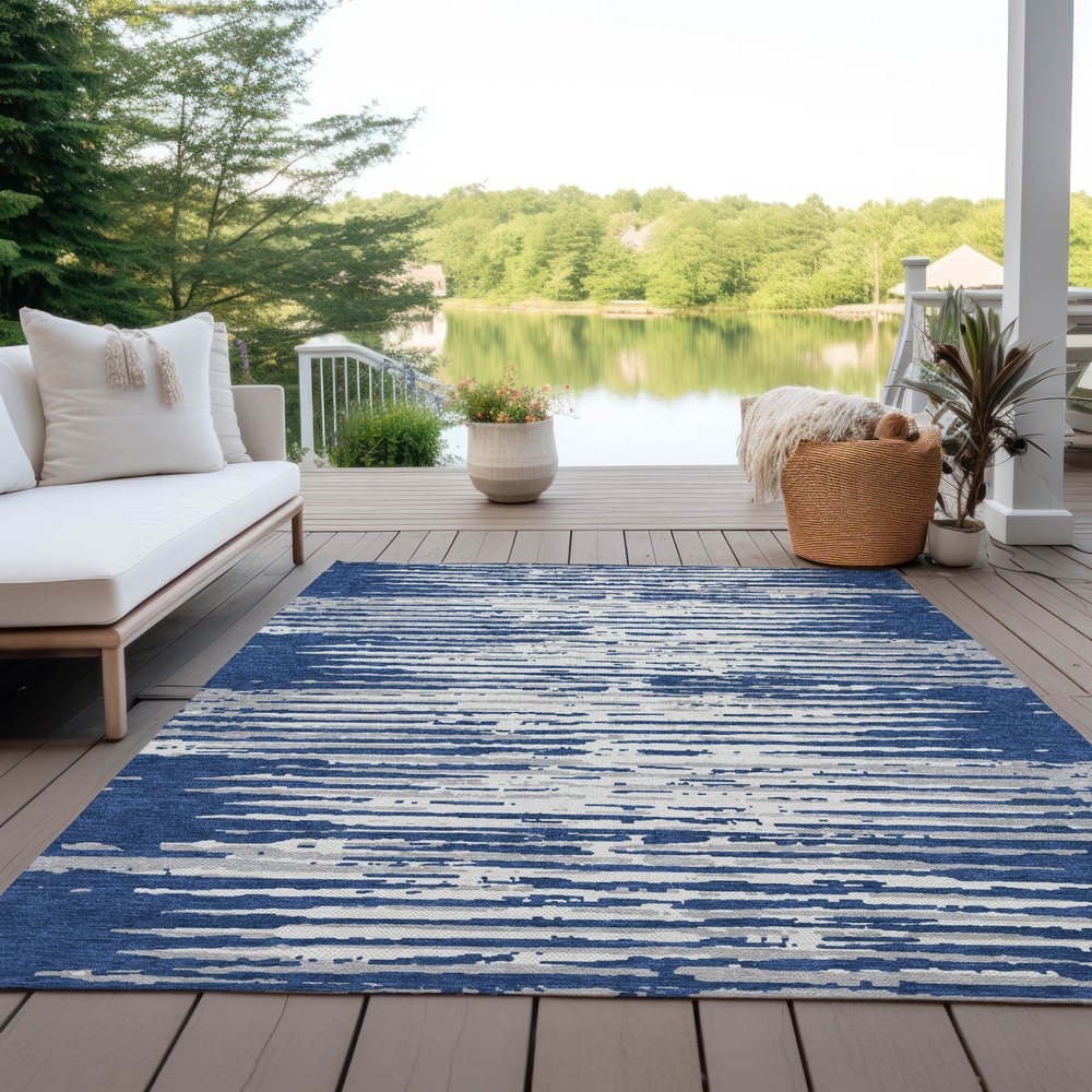 3' X 5' Navy Blue And Ivory Striped Washable Indoor Outdoor Area Rug