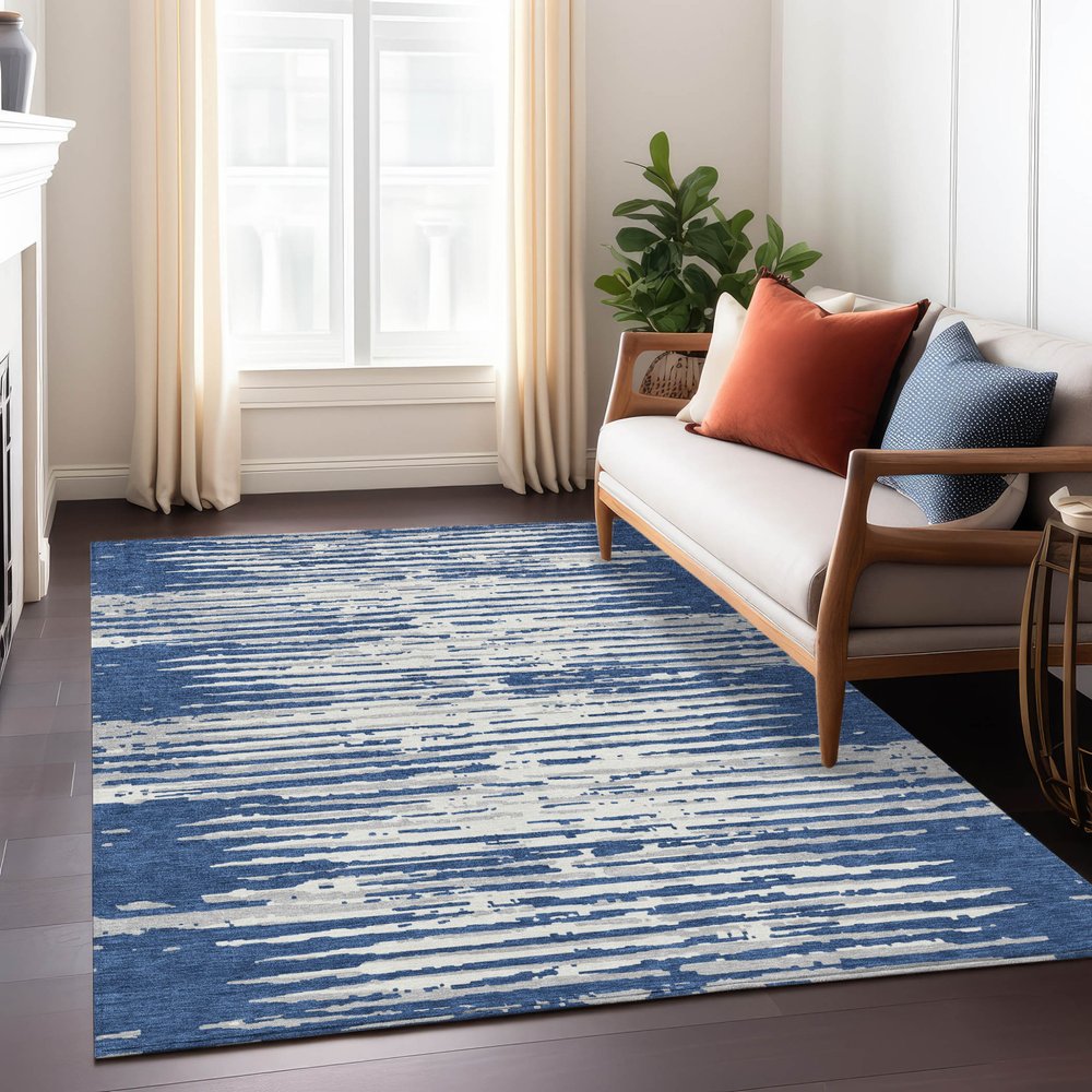 3' X 5' Navy Blue And Ivory Striped Washable Indoor Outdoor Area Rug