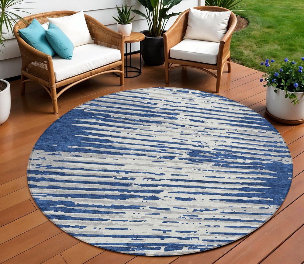 3' X 5' Navy Blue And Ivory Striped Washable Indoor Outdoor Area Rug