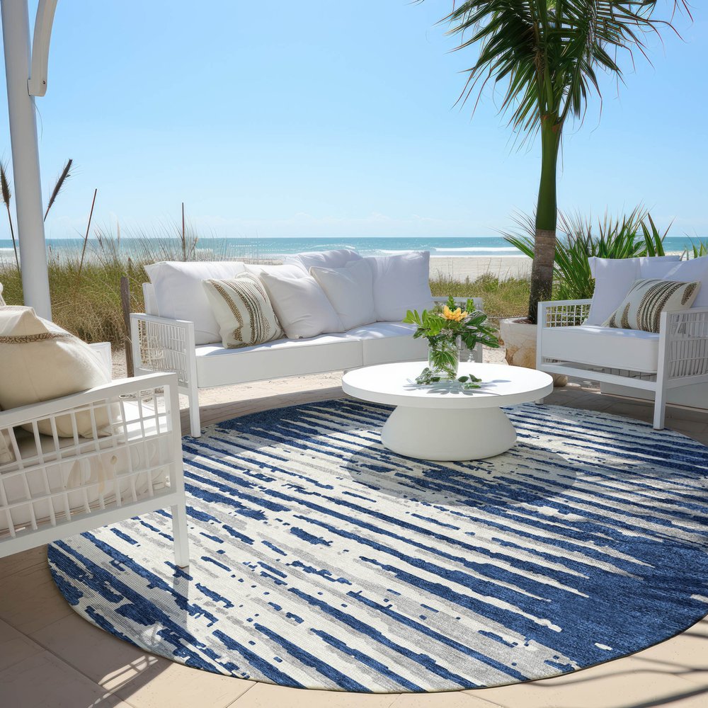 3' X 5' Navy Blue And Ivory Striped Washable Indoor Outdoor Area Rug