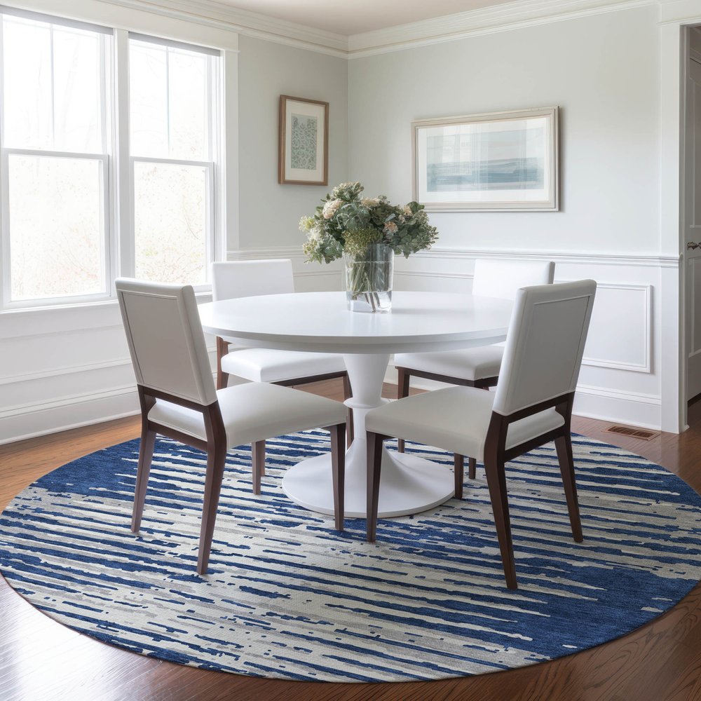 3' X 5' Navy Blue And Ivory Striped Washable Indoor Outdoor Area Rug
