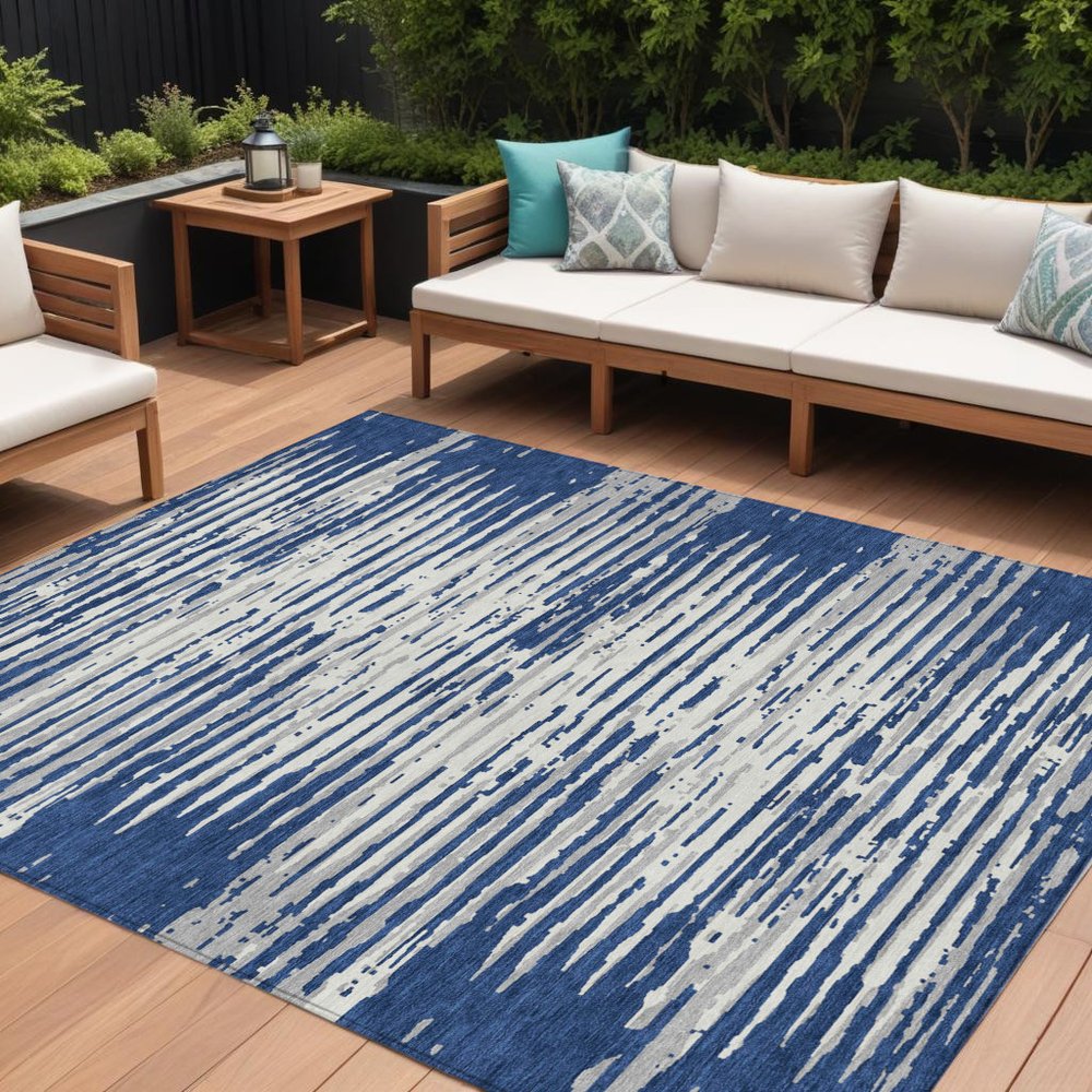 3' X 5' Navy Blue And Ivory Striped Washable Indoor Outdoor Area Rug