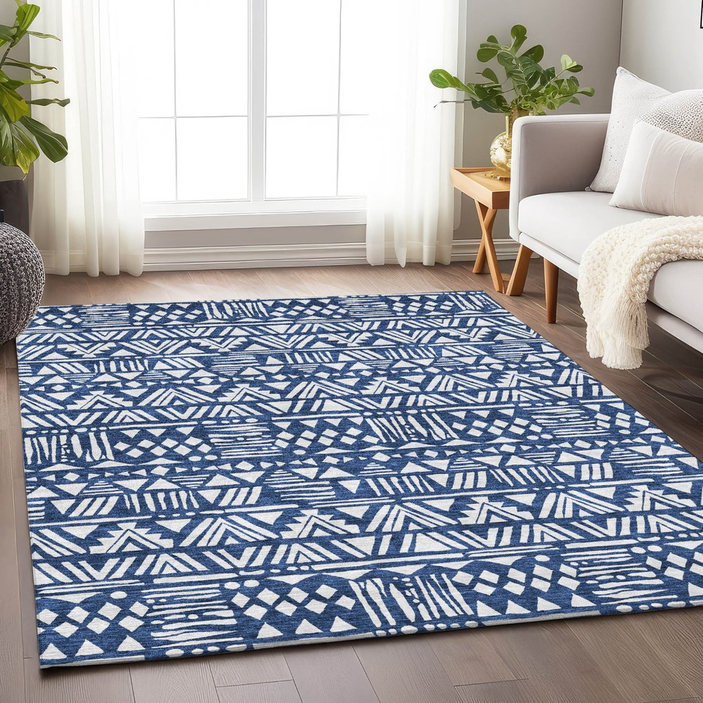 10' X 14' Navy Blue And Ivory Southwestern Washable Indoor Outdoor Area Rug