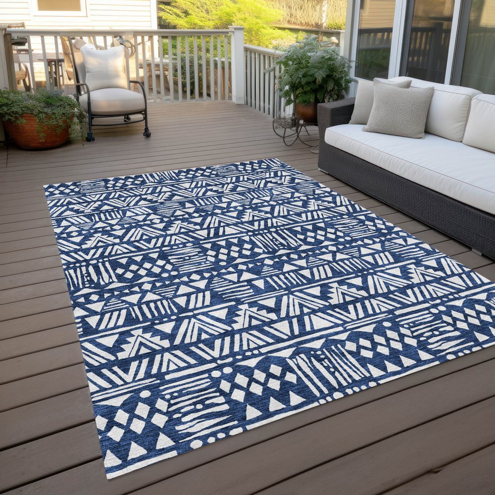 10' X 14' Navy Blue And Ivory Southwestern Washable Indoor Outdoor Area Rug
