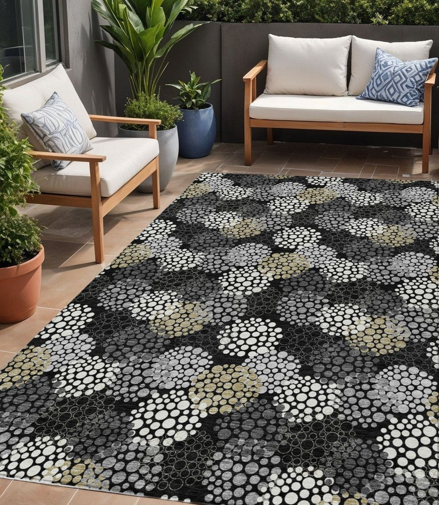 3' X 5' Black Gray And Ivory Polka Dot Washable Indoor Outdoor Area Rug