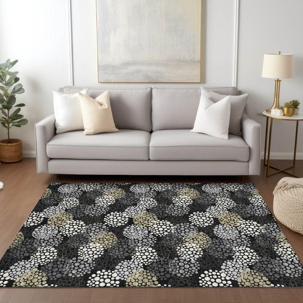 3' X 5' Black Gray And Ivory Polka Dot Washable Indoor Outdoor Area Rug