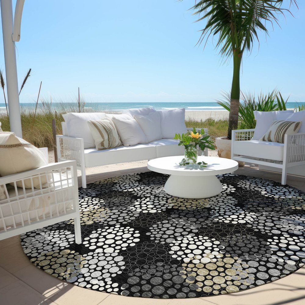 3' X 5' Black Gray And Ivory Polka Dot Washable Indoor Outdoor Area Rug