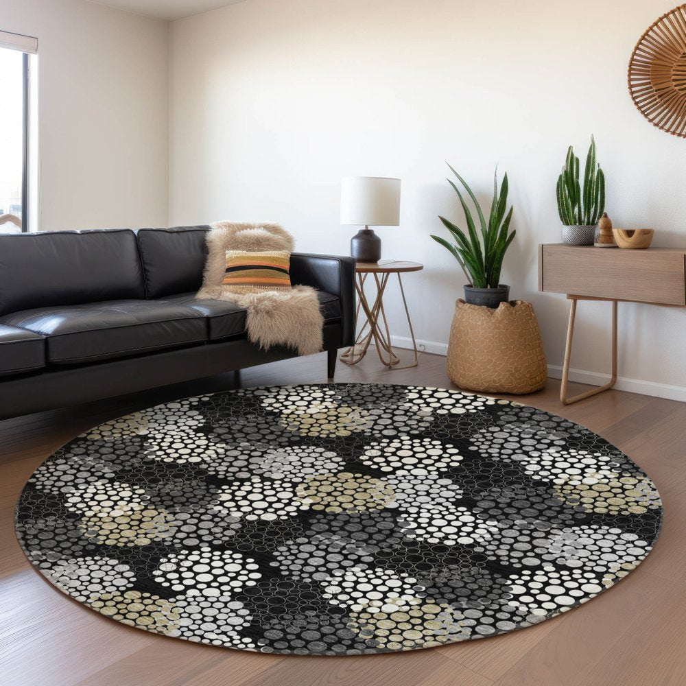 3' X 5' Black Gray And Ivory Polka Dot Washable Indoor Outdoor Area Rug