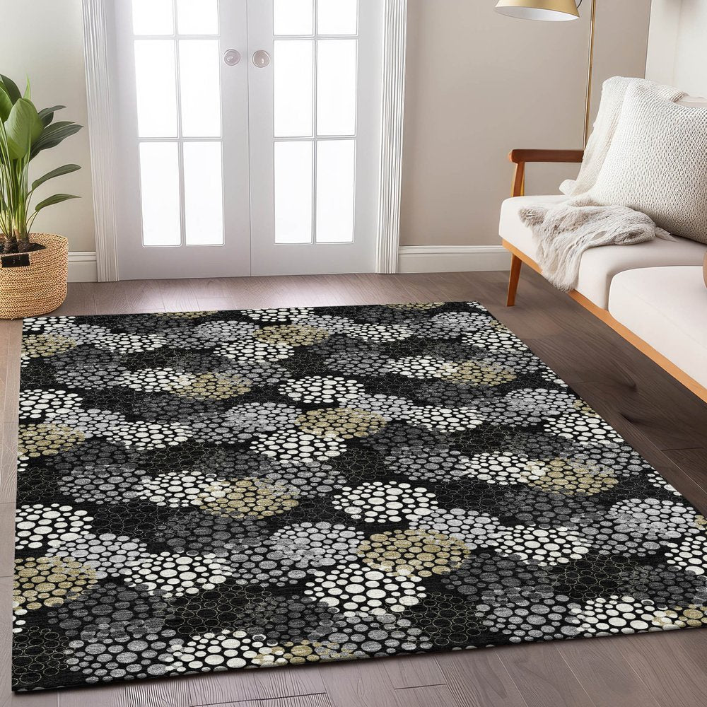 3' X 5' Black Gray And Ivory Polka Dot Washable Indoor Outdoor Area Rug